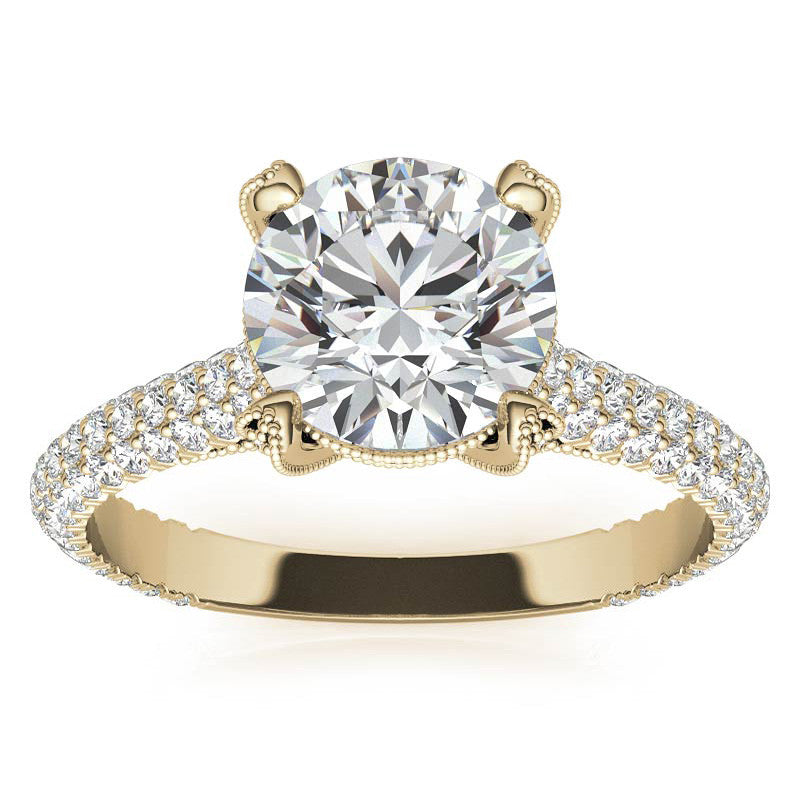 Round Pave Moissanite Engagement Ring with Milgrain Accents