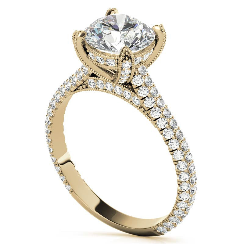 Round Pave Moissanite Engagement Ring with Milgrain Accents