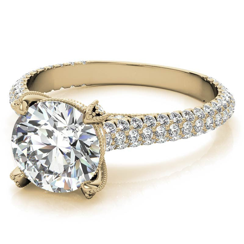 Round Pave Moissanite Engagement Ring with Milgrain Accents