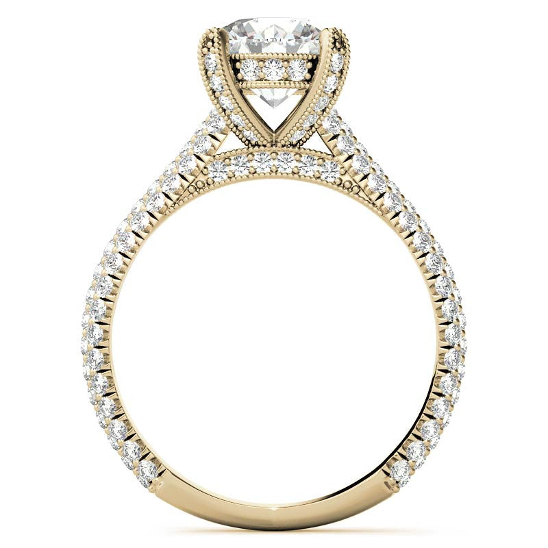 Round Pave Moissanite Engagement Ring with Milgrain Accents