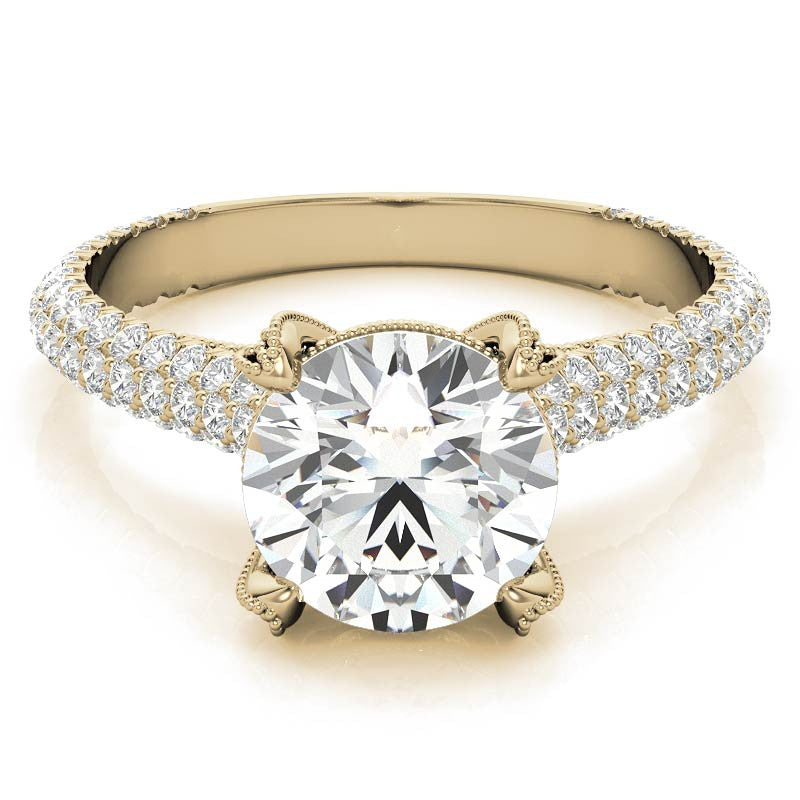 Round Pave Moissanite Engagement Ring with Milgrain Accents