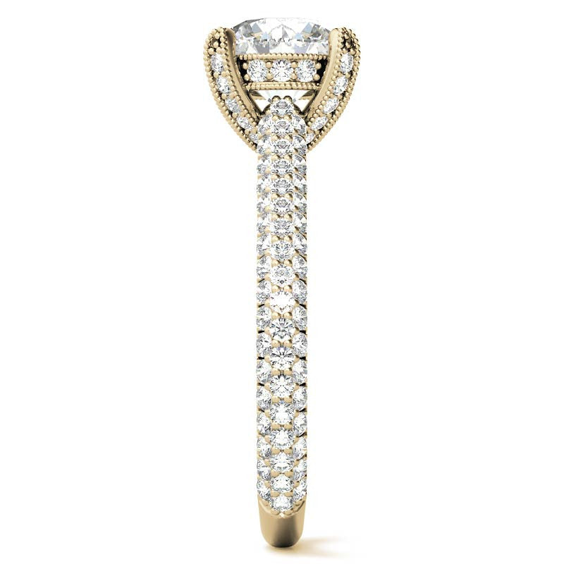 Round Pave Moissanite Engagement Ring with Milgrain Accents