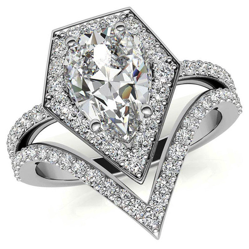 Unique Geometric Split Shank Pear Cut Halo Moissanite Engagement Ring