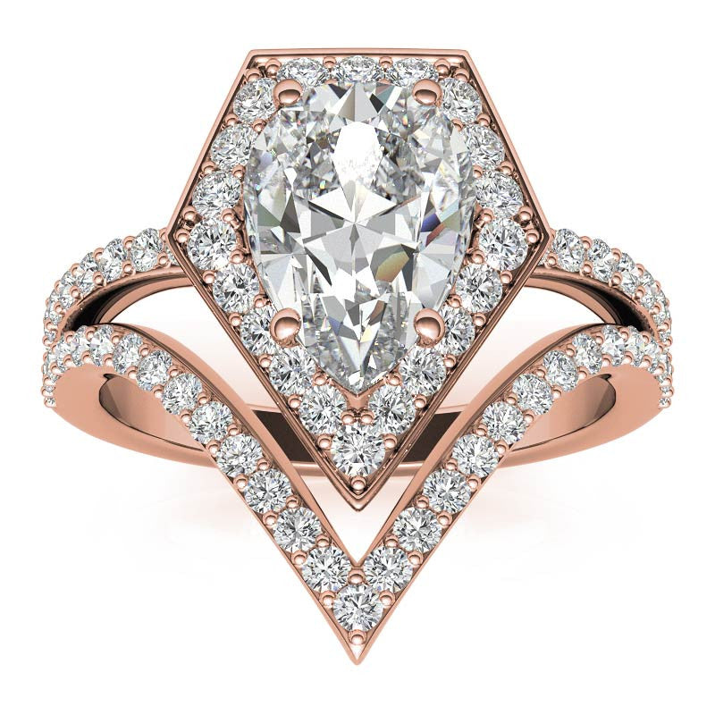 Unique Geometric Split Shank Pear Cut Halo Moissanite Engagement Ring