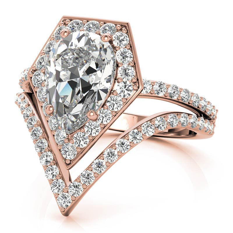 Unique Geometric Split Shank Pear Cut Halo Moissanite Engagement Ring