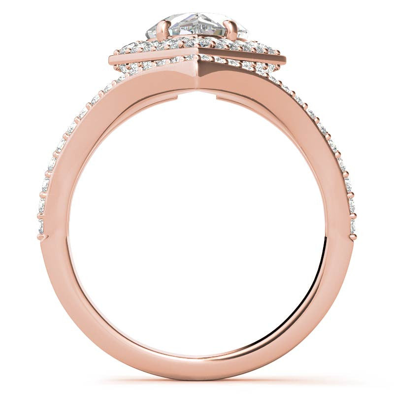 Unique Geometric Split Shank Pear Cut Halo Moissanite Engagement Ring
