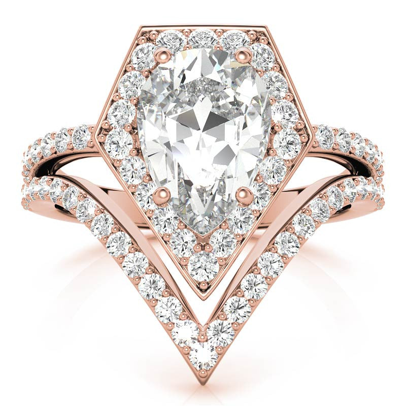 Unique Geometric Split Shank Pear Cut Halo Moissanite Engagement Ring