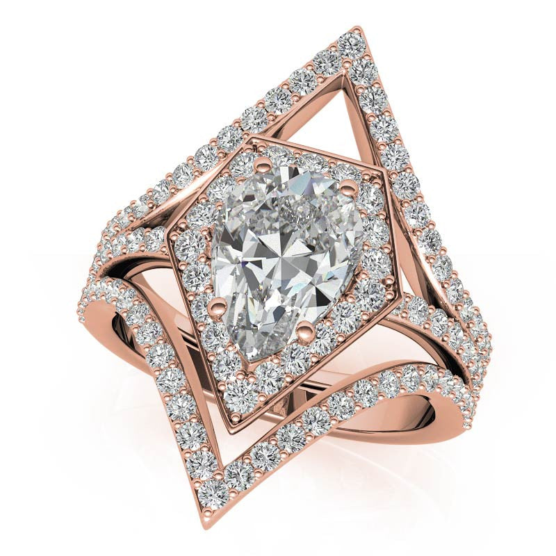 Unique Geometric Split Shank Pear Cut Halo Moissanite Engagement Ring