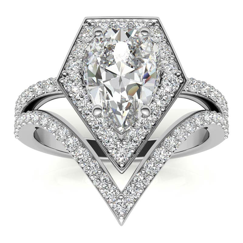 Unique Geometric Split Shank Pear Cut Halo Moissanite Engagement Ring