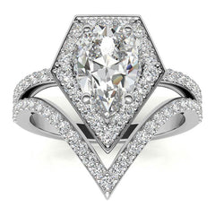 Unique Geometric Split Shank Pear Cut Halo Moissanite Engagement Ring