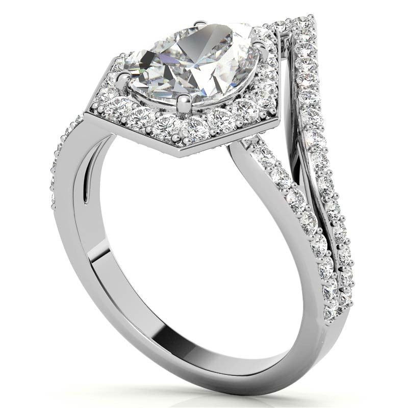 Unique Geometric Split Shank Pear Cut Halo Moissanite Engagement Ring