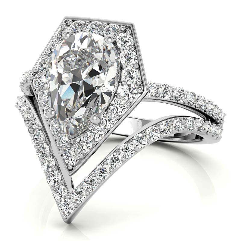 Unique Geometric Split Shank Pear Cut Halo Moissanite Engagement Ring