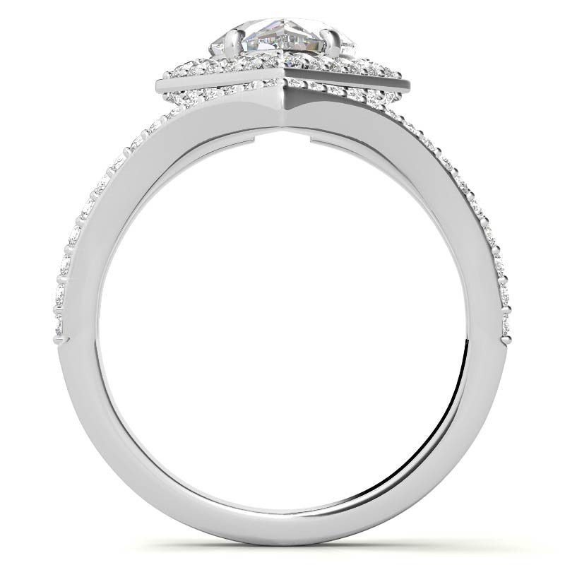 Unique Geometric Split Shank Pear Cut Halo Moissanite Engagement Ring