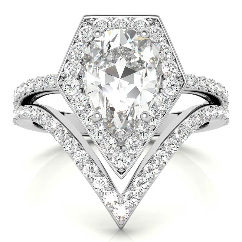 Unique Geometric Split Shank Pear Cut Halo Moissanite Engagement Ring