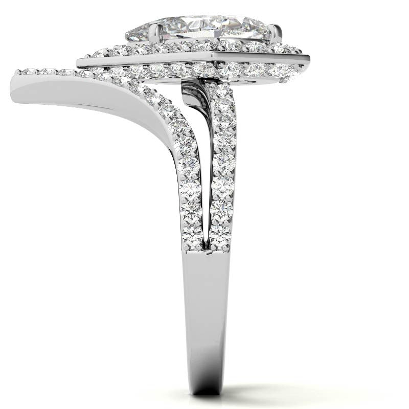 Unique Geometric Split Shank Pear Cut Halo Moissanite Engagement Ring