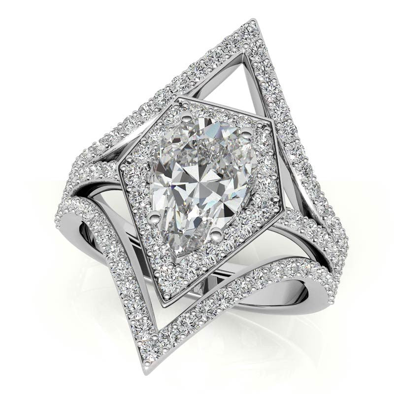 Unique Geometric Split Shank Pear Cut Halo Moissanite Engagement Ring