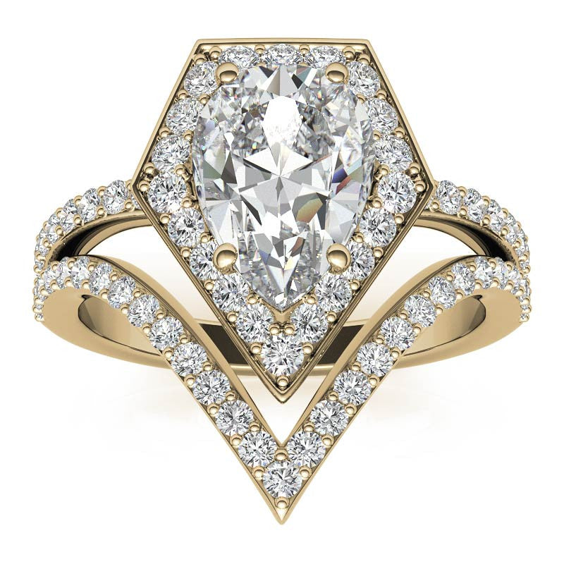 Unique Geometric Split Shank Pear Cut Halo Moissanite Engagement Ring