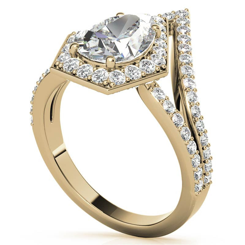 Unique Geometric Split Shank Pear Cut Halo Moissanite Engagement Ring