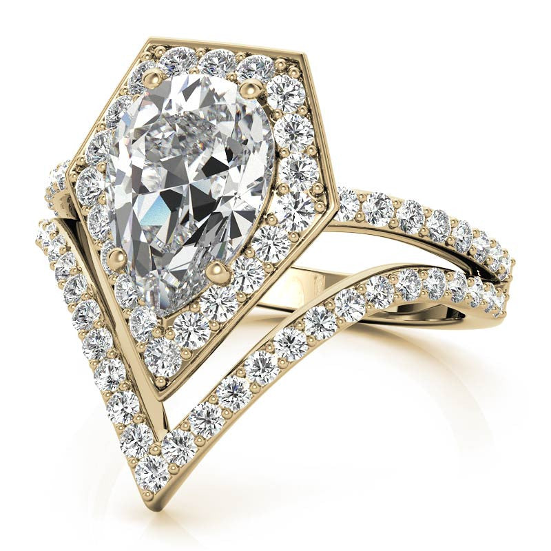 Unique Geometric Split Shank Pear Cut Halo Moissanite Engagement Ring