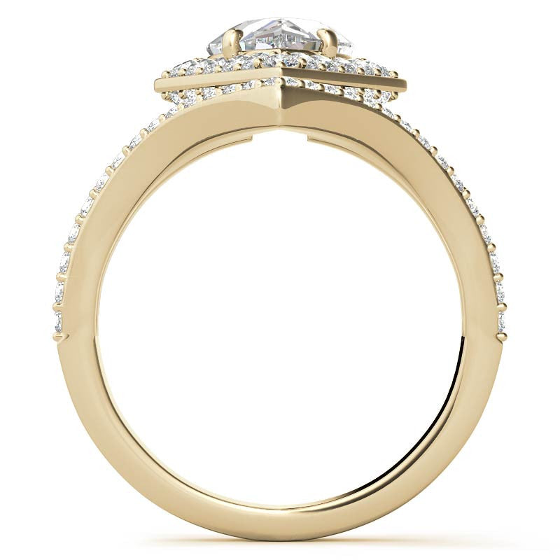 Unique Geometric Split Shank Pear Cut Halo Moissanite Engagement Ring