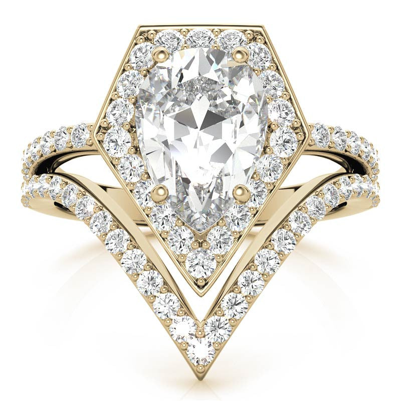 Unique Geometric Split Shank Pear Cut Halo Moissanite Engagement Ring