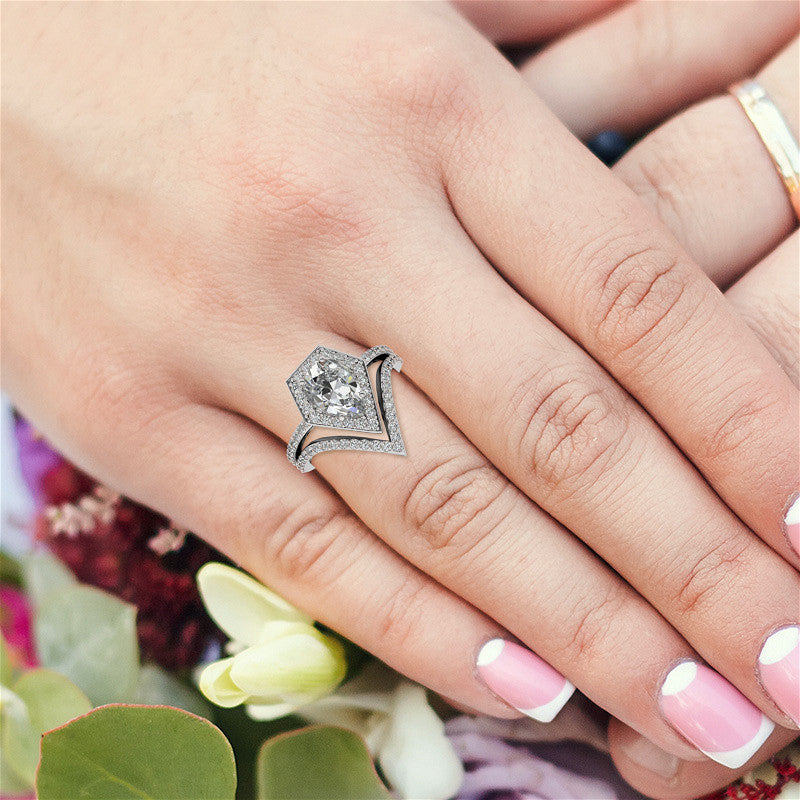 Unique Geometric Split Shank Pear Cut Halo Moissanite Engagement Ring