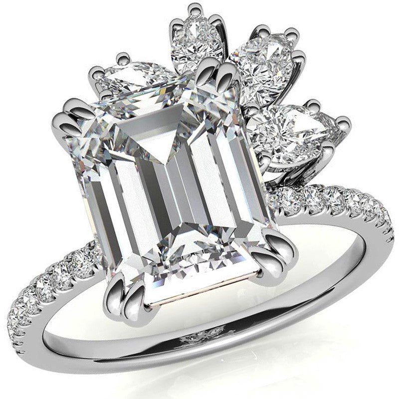 Unique Emerald / Radiant Moissanite Engagement Ring with Pear and Marquise Accents
