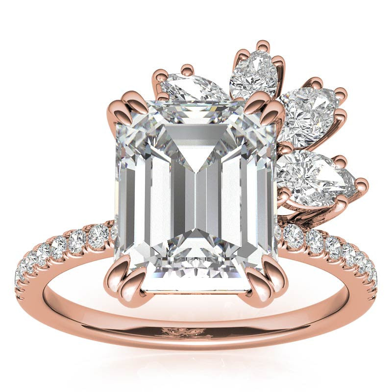 Unique Emerald / Radiant Moissanite Engagement Ring with Pear and Marquise Accents