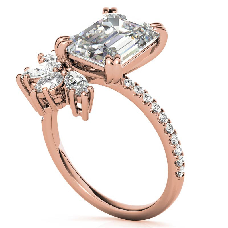 Unique Emerald / Radiant Moissanite Engagement Ring with Pear and Marquise Accents