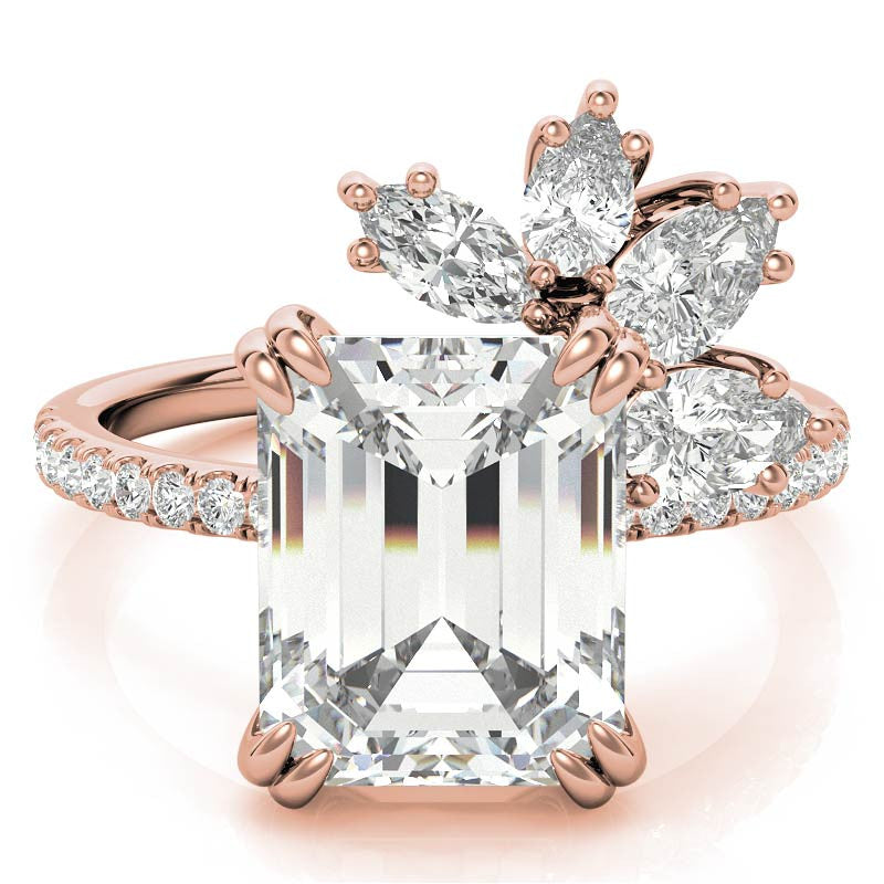 Unique Emerald / Radiant Moissanite Engagement Ring with Pear and Marquise Accents