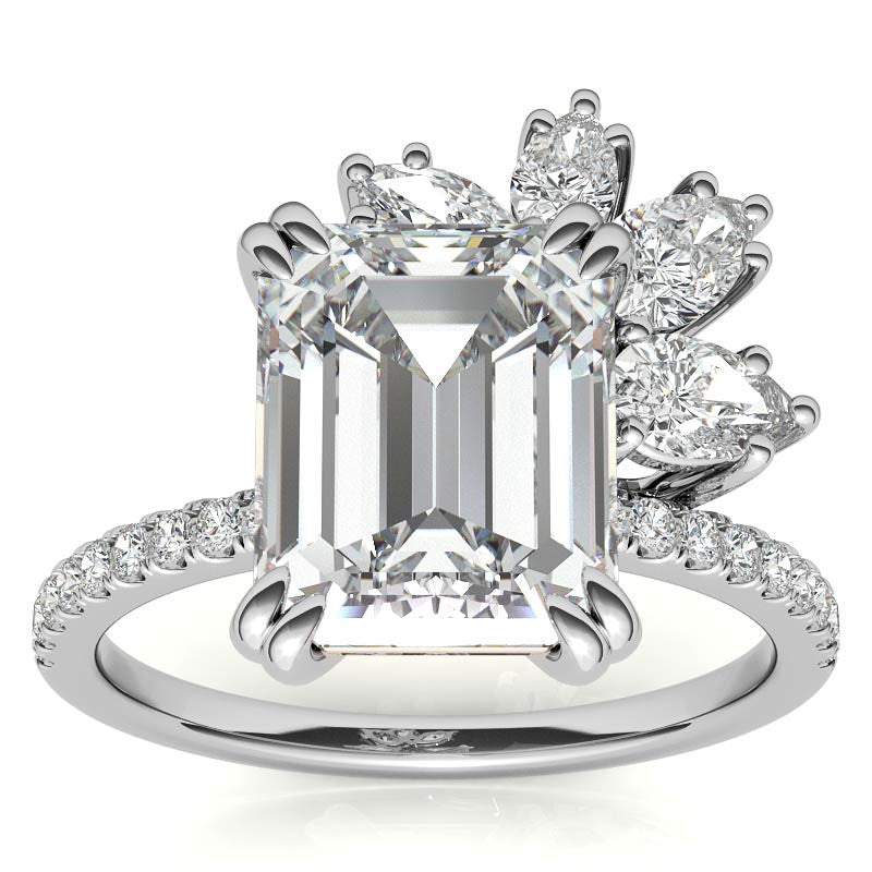 Unique Emerald / Radiant Moissanite Engagement Ring with Pear and Marquise Accents