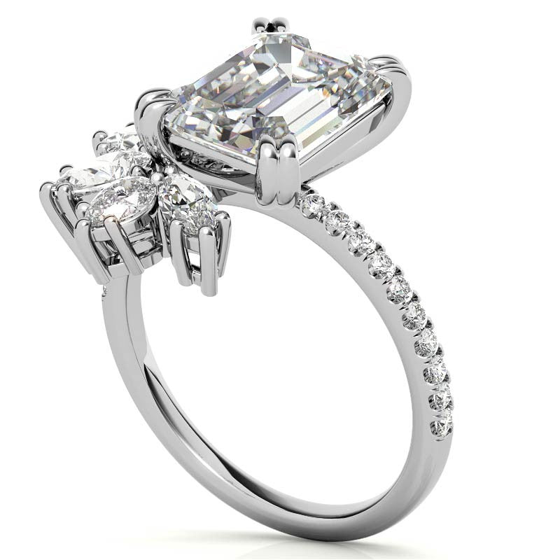 Unique Emerald / Radiant Moissanite Engagement Ring with Pear and Marquise Accents