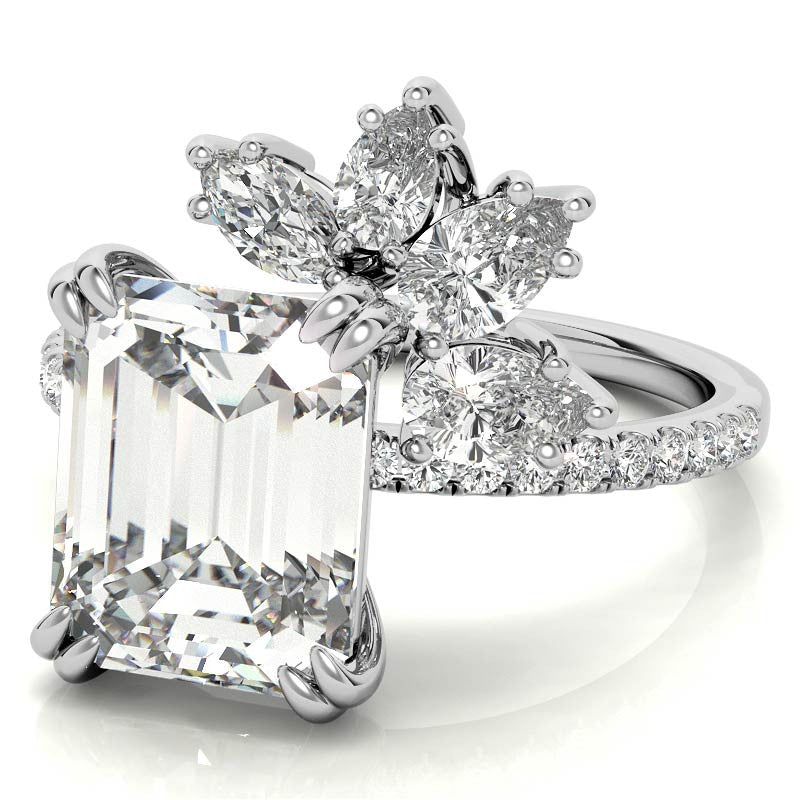 Unique Emerald / Radiant Moissanite Engagement Ring with Pear and Marquise Accents