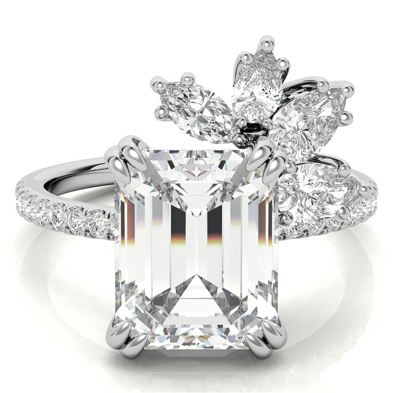 Unique Emerald / Radiant Moissanite Engagement Ring with Pear and Marquise Accents