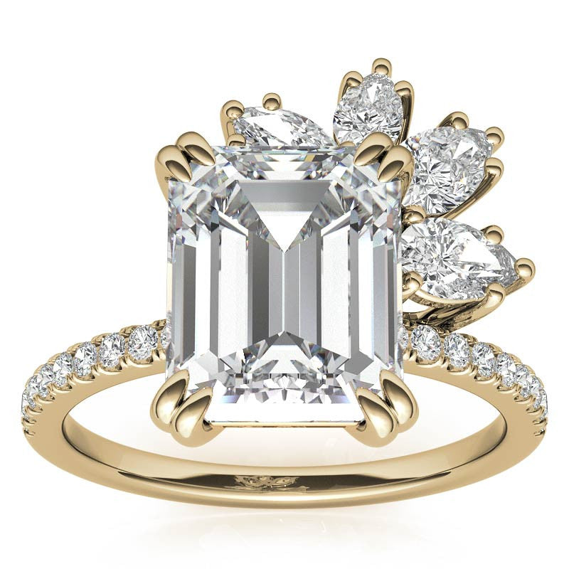 Unique Emerald / Radiant Moissanite Engagement Ring with Pear and Marquise Accents