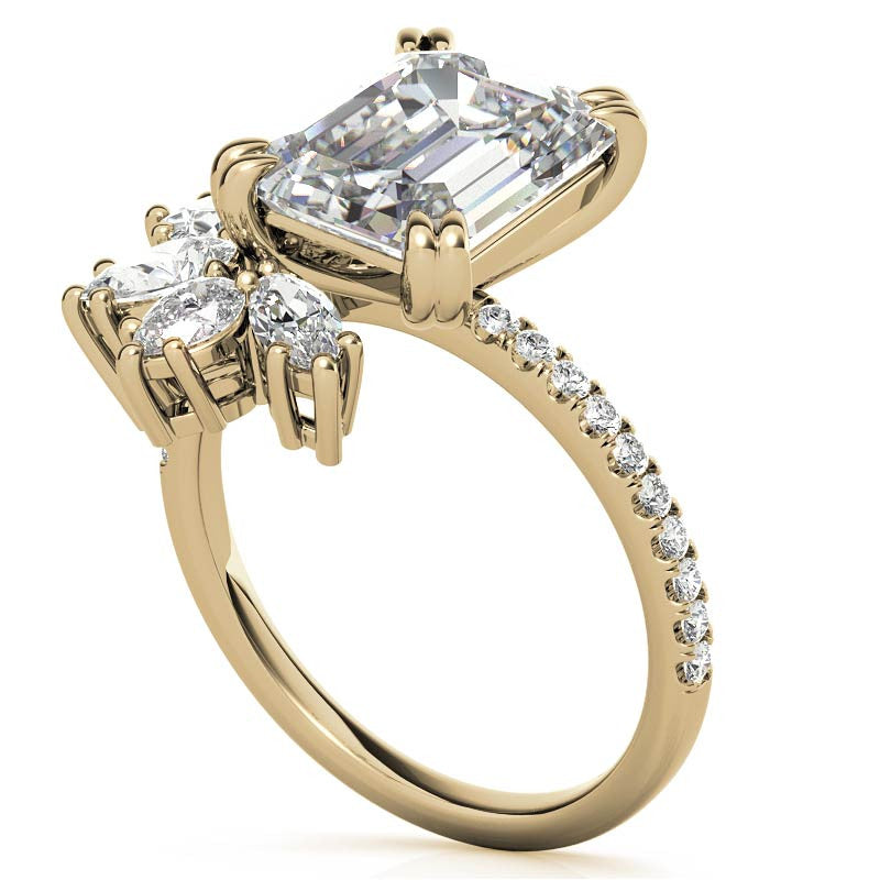 Unique Emerald / Radiant Moissanite Engagement Ring with Pear and Marquise Accents
