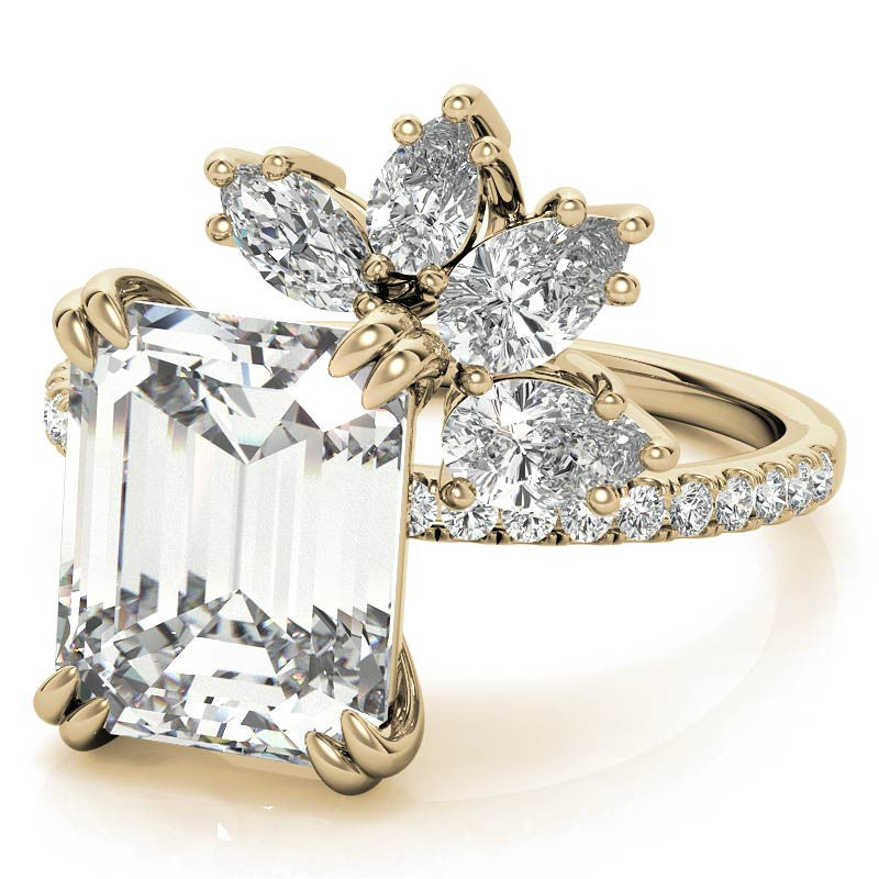 Unique Emerald / Radiant Moissanite Engagement Ring with Pear and Marquise Accents