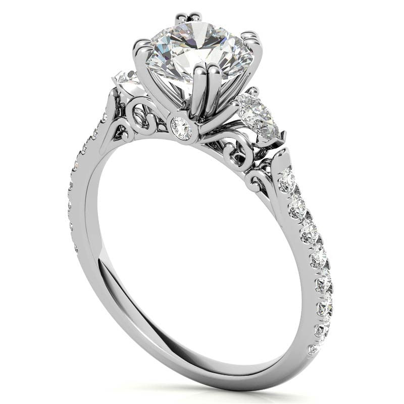 Round and Pear Cathedral Moissanite Engagement Ring
