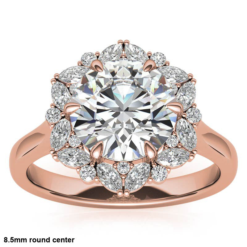 Round and Marquise Floral Halo Moissanite Engagement Ring