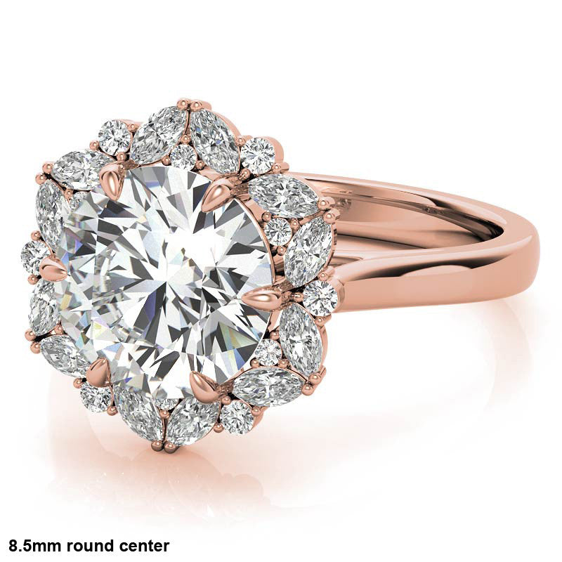 Round and Marquise Floral Halo Moissanite Engagement Ring