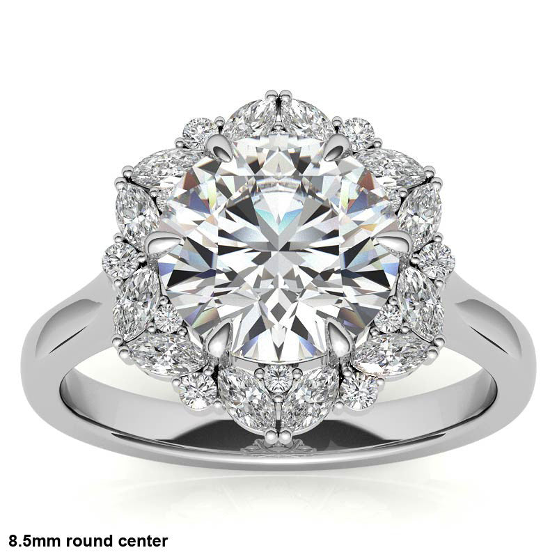 Round and Marquise Floral Halo Moissanite Engagement Ring