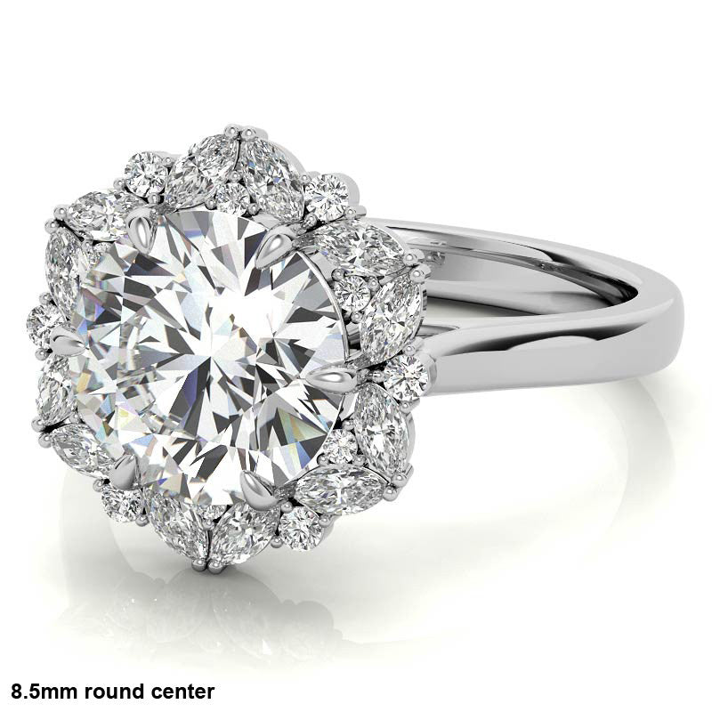 Round and Marquise Floral Halo Moissanite Engagement Ring