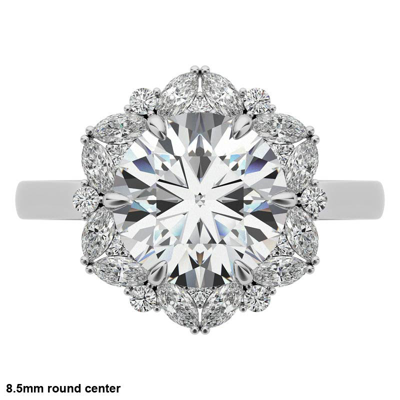 Round and Marquise Floral Halo Moissanite Engagement Ring
