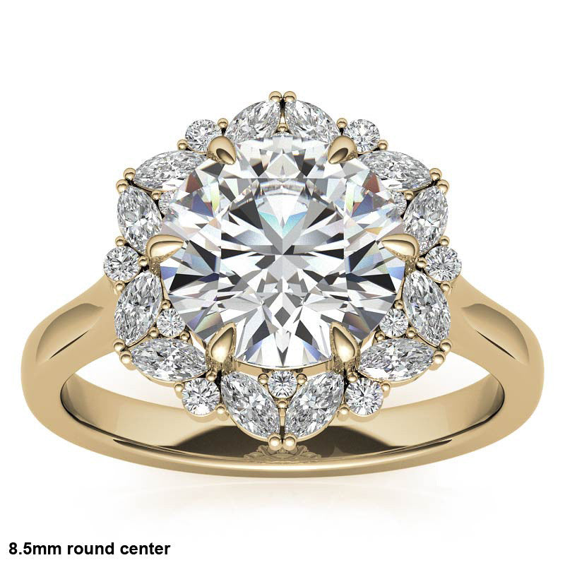 Round and Marquise Floral Halo Moissanite Engagement Ring