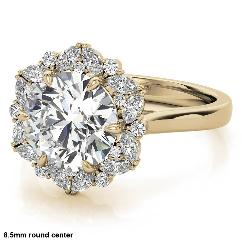 Round and Marquise Floral Halo Moissanite Engagement Ring
