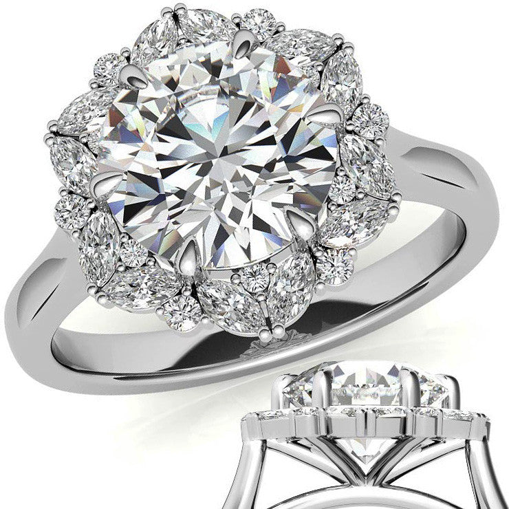 Round and Marquise Floral Halo Moissanite Engagement Ring