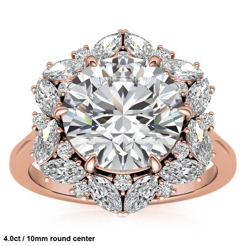 Round and Marquise Floral Halo Moissanite Engagement Ring