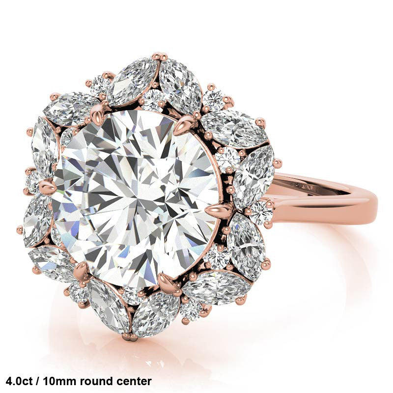 Round and Marquise Floral Halo Moissanite Engagement Ring