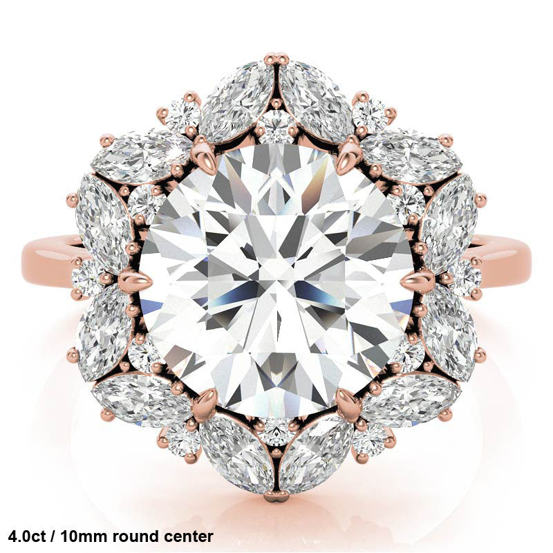 Round and Marquise Floral Halo Moissanite Engagement Ring
