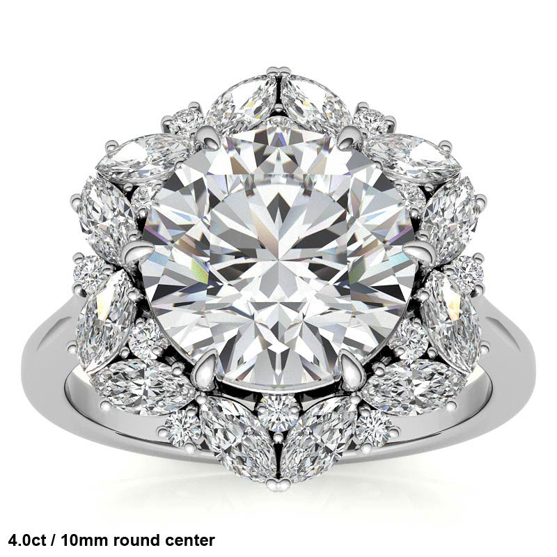 Round and Marquise Floral Halo Moissanite Engagement Ring